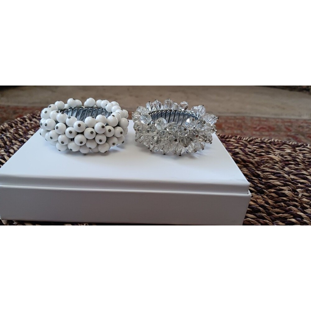 Vintage Art Deco Cha Cha Stretch Bracelets; Milk Glass + Clear Glass Beads